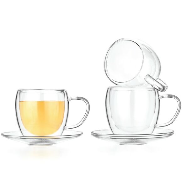 Clear and Lightweight Glass Tea and Coffee Cup with Saucer Glasses 10.1-ounce La Lune Tealyra 300ml Set of 2 