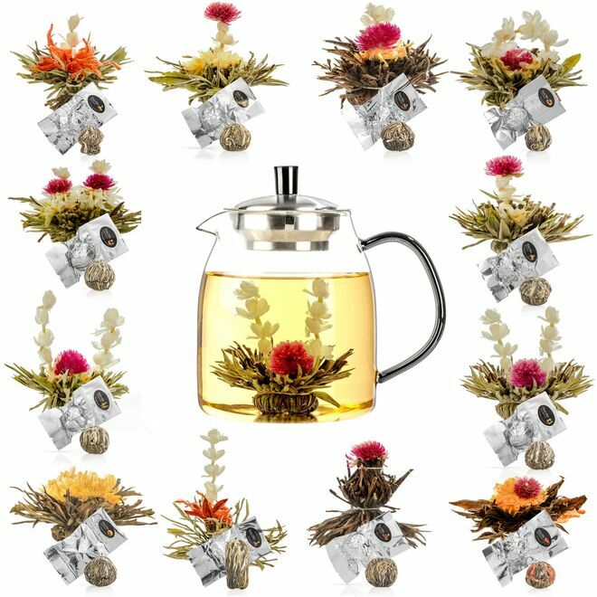 Glass Teapot + 12 Blooming Tea Gift Set